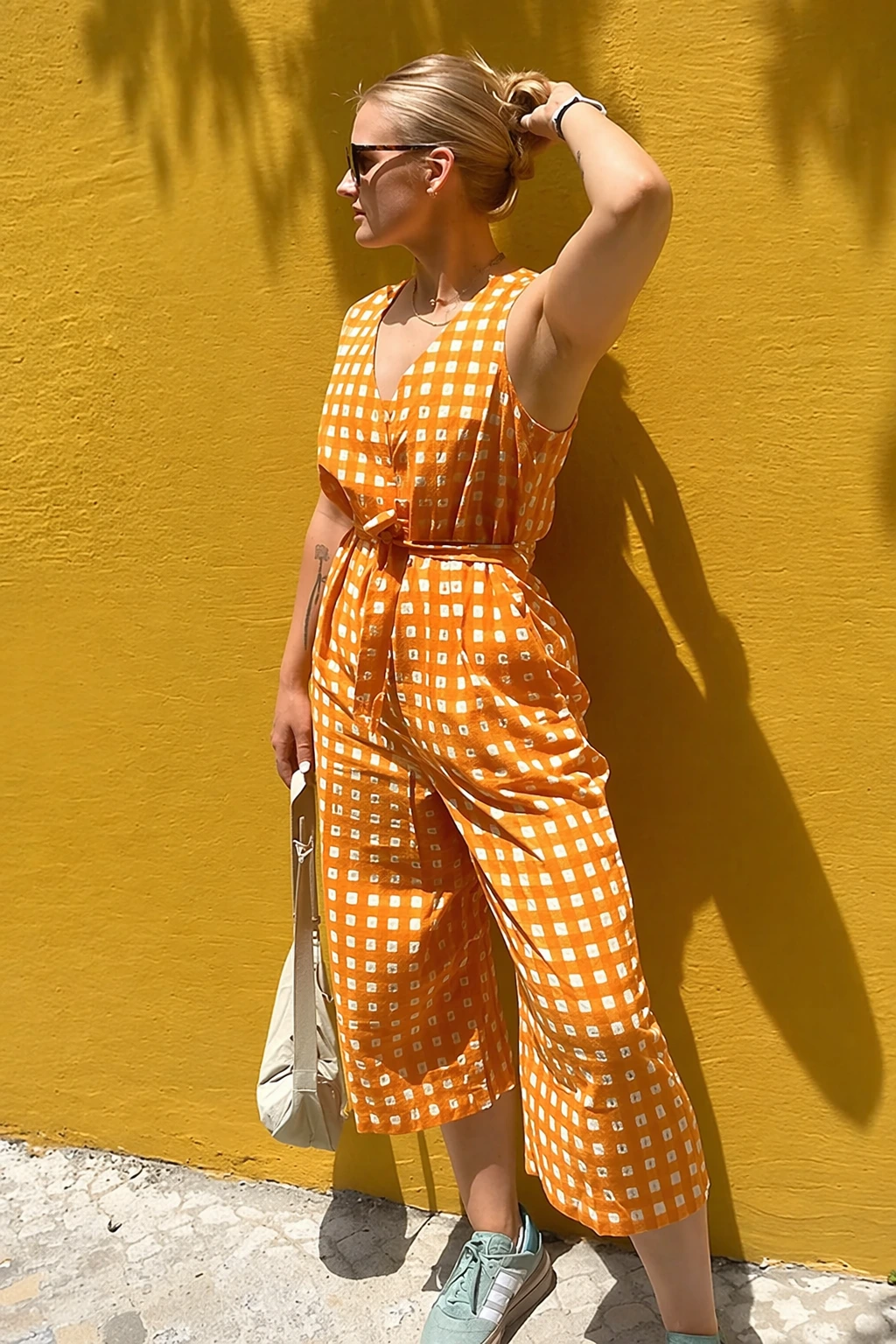 Bold Checkered Orange Overall + Samba Sneakers