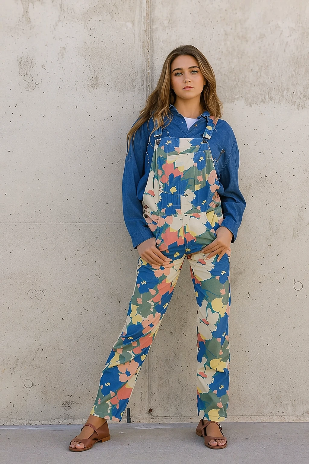 Bold Floral Overalls + Denim Shirt + Brown Strappy Sandals