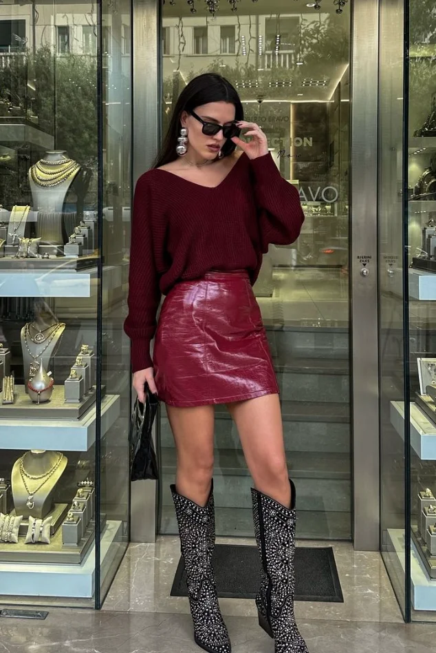 Bold Glamour: Burgundy Sweater + Leather Skirt + Statement Boots