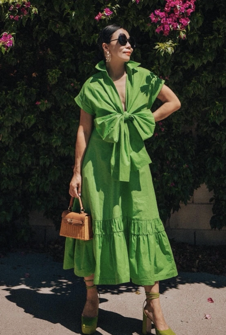 Bold Green Midi Dress + Chic Bow Tie Detail + Stylish Strappy Heels + Trendy Woven Handbag