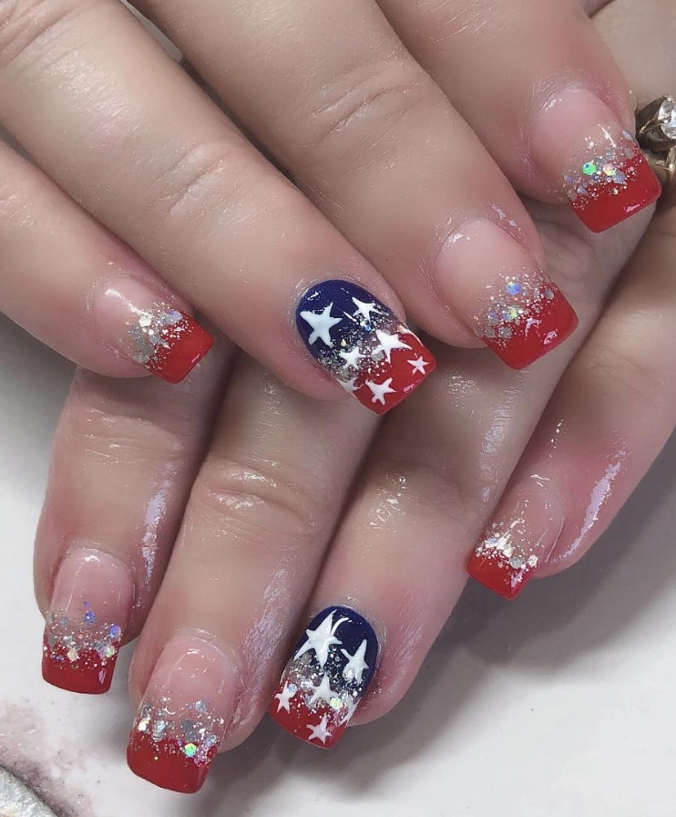 Bold Red, White, and Blue Glitter Ombre Square Nails with Star Accents