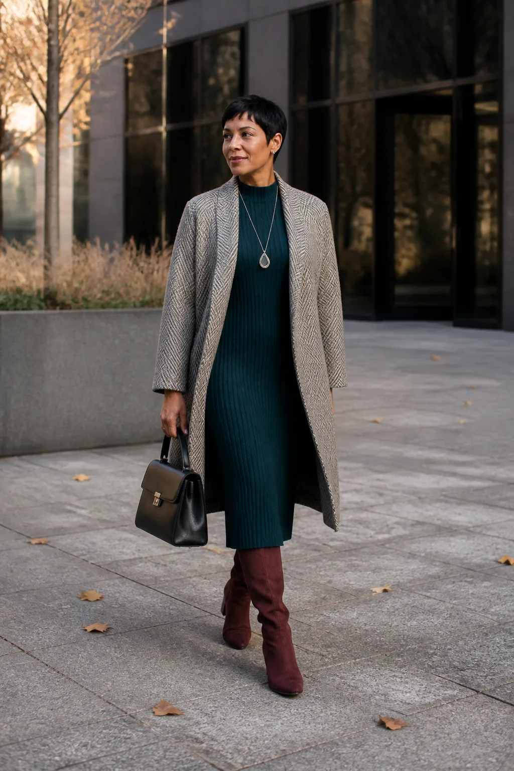 Boxy Herringbone Coatigan with a Knit Dress