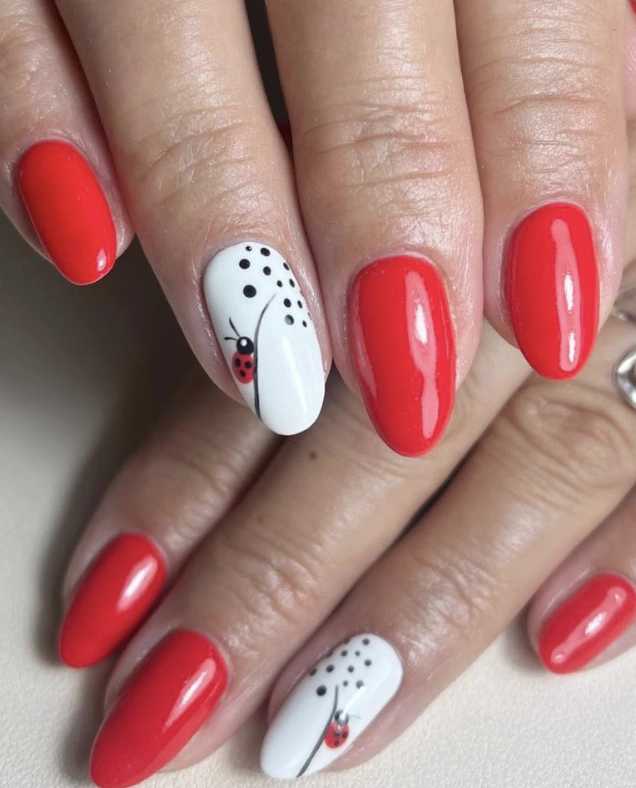 Bright Red and Ladybug Accent Nail Design