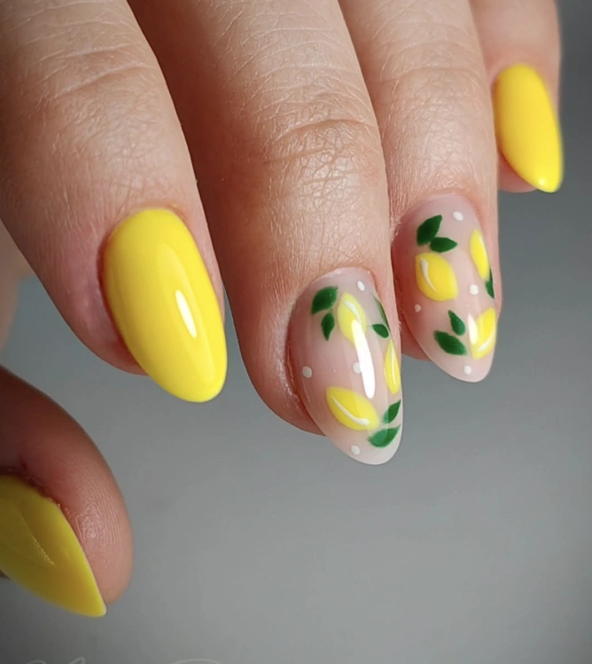 Bright Yellow Almond Nails with Lemon Decals
