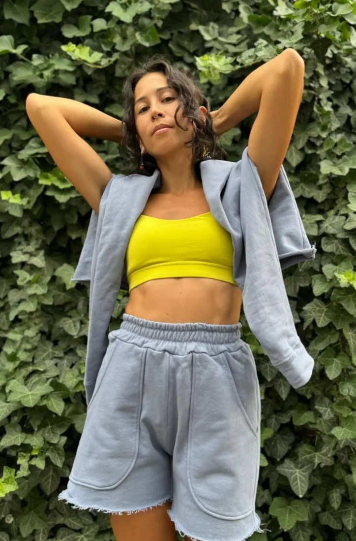 Bright Yellow Sports Bra + Light Blue Sweatshirt + Light Blue Sweat Shorts