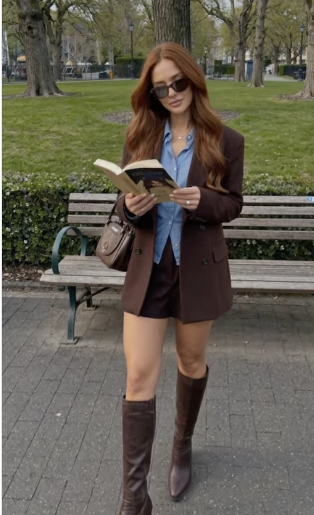 Brown Blazer + Blue Button-Down + Knee-High Boots
