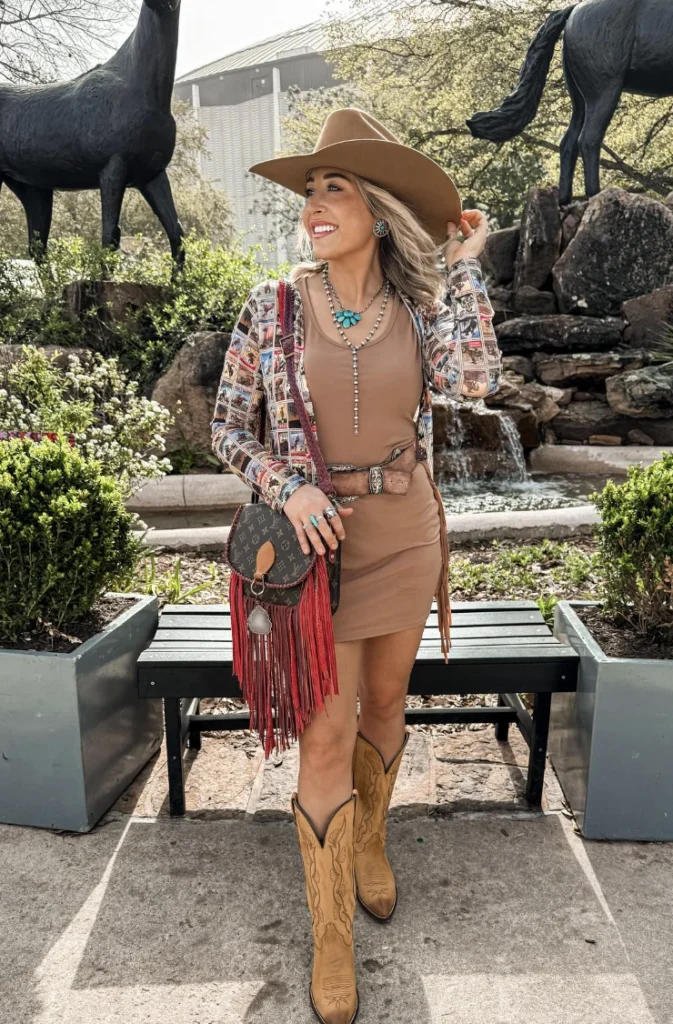 Brown Bodycon Dress + Printed Cardigan + Tan Wide-Brim Hat + Turquoise Statement Necklace + Tan Western Boots