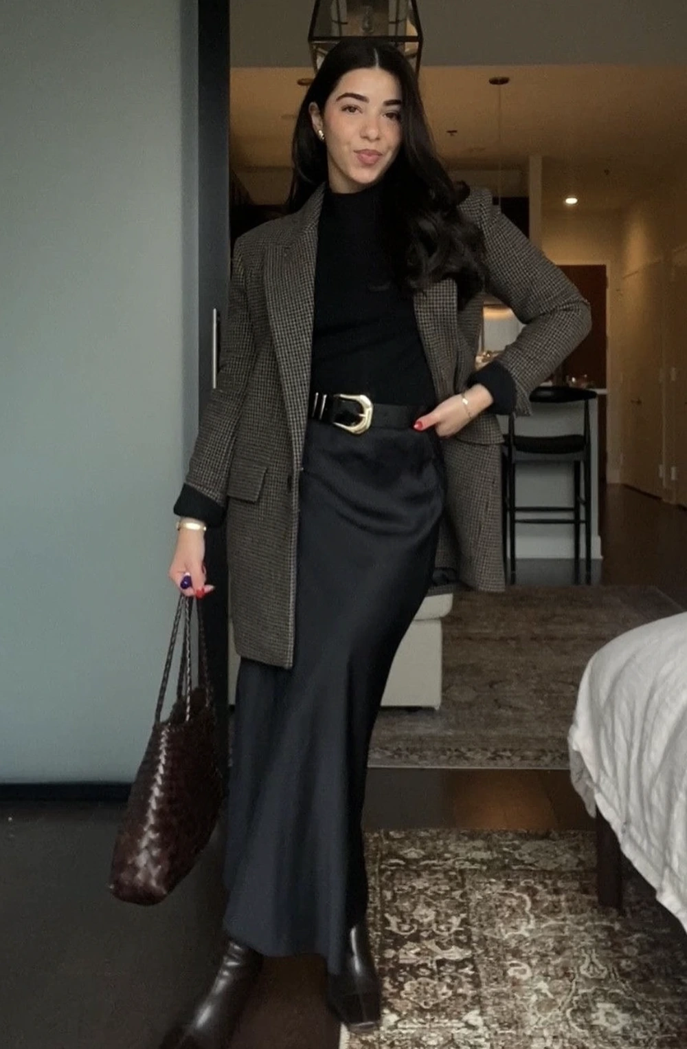Brown Check Blazer + Black Knit Top + Satin Skirt
