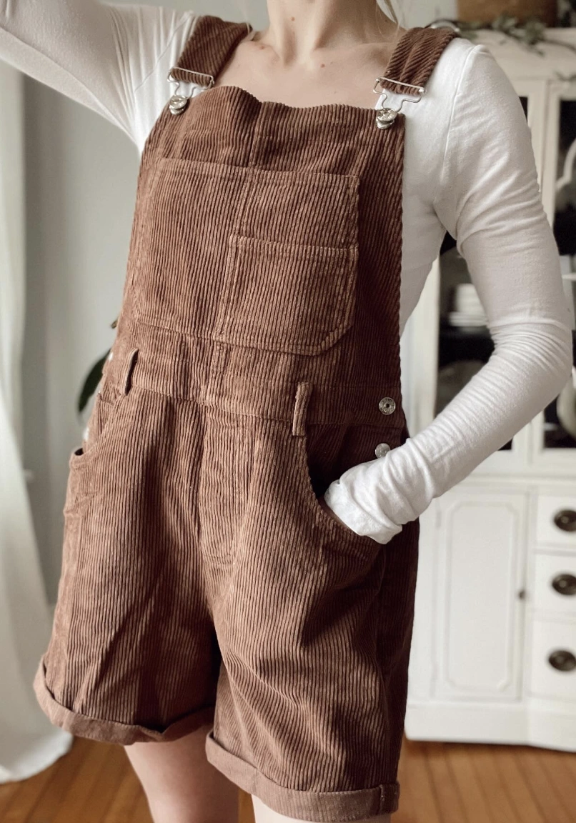 Brown Corduroy Overall Shorts + White Long Sleeve Top + Casual Sneakers