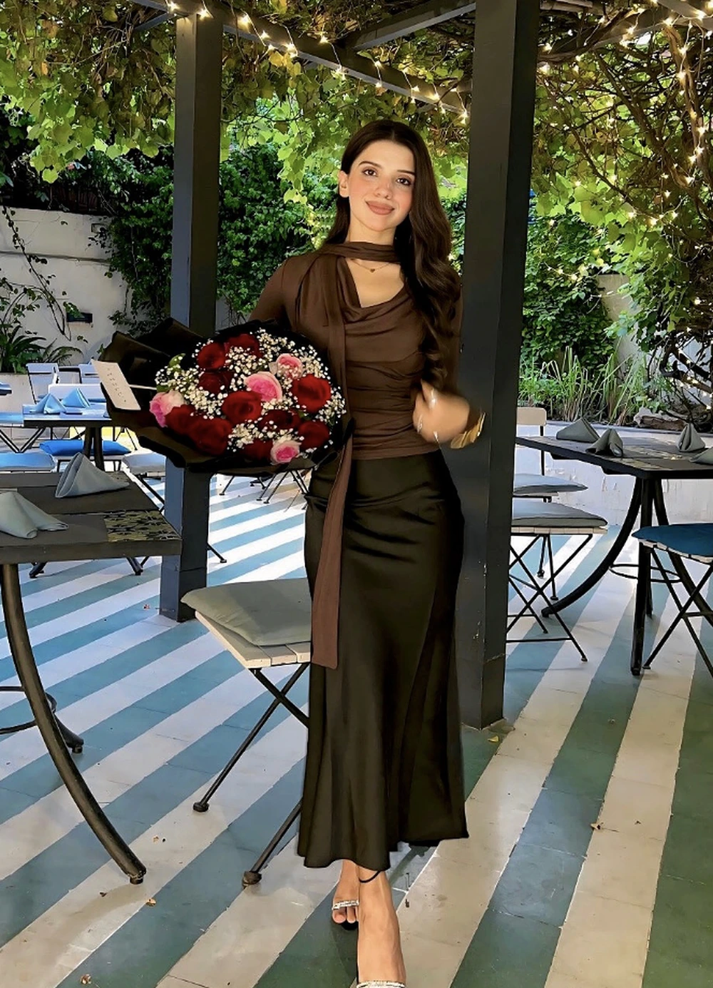 Brown Draped Top + Black Satin Midi Skirt + Silver Heeled Sandals