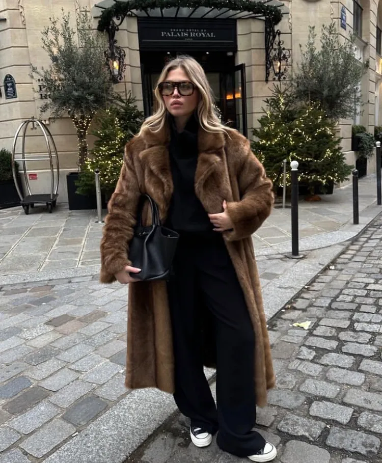 Brown Faux Fur Coat + Black Turtleneck Sweater + Black Wide-Leg Trousers + Black Low-Top Sneakers