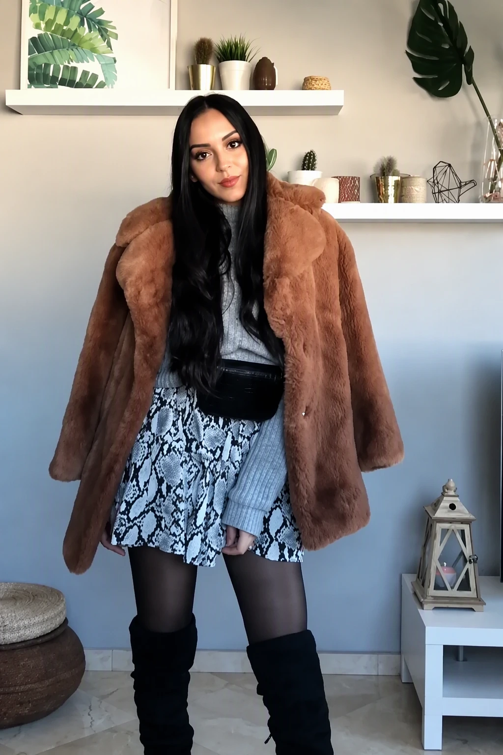 Brown Faux Fur Coat + Blue Gray Snakeskin Skirt + Gray Ribbed Top + Black Knee High Boots