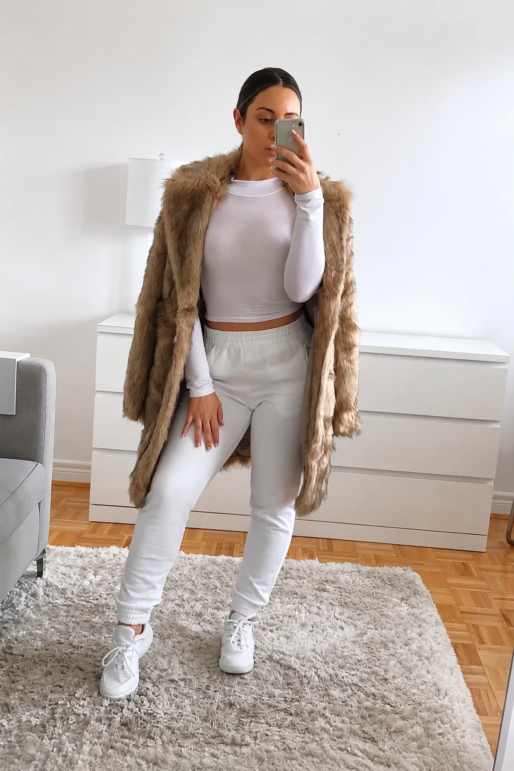 Brown Faux Fur Coat + White Long Sleeve Crop Top + White Joggers + White Sneakers