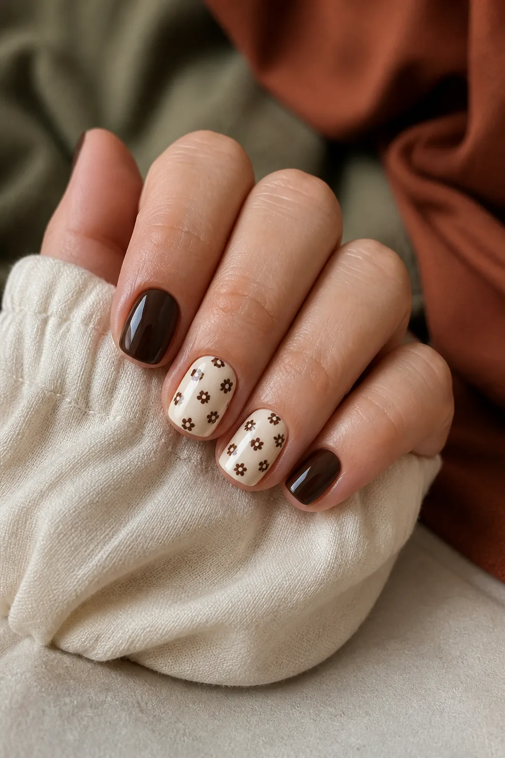 Brown Floral Accent Nails