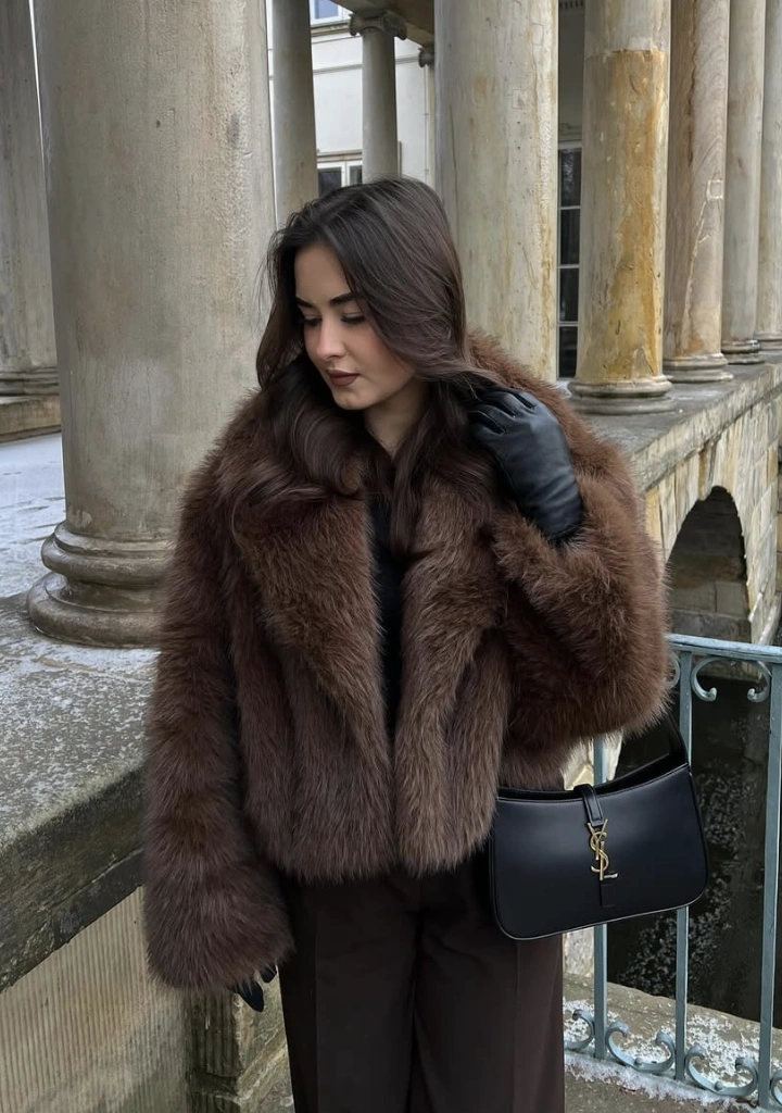 Brown Fur Coat + Black Leather Gloves + Black Top + Dark Wide-Leg Trousers