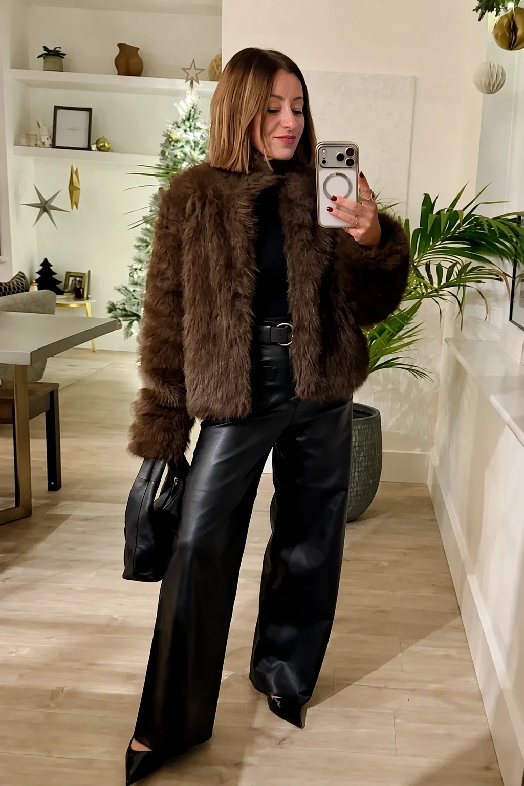 Brown Fur Jacket + Black Turtleneck + Wide-Leg Leather Pants + Pointed Toe Heels