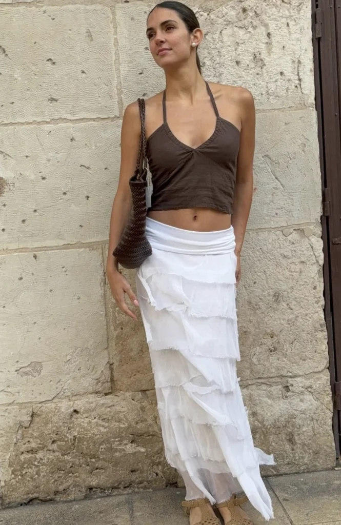Brown Halter Crop Top + White Ruffle Maxi Skirt