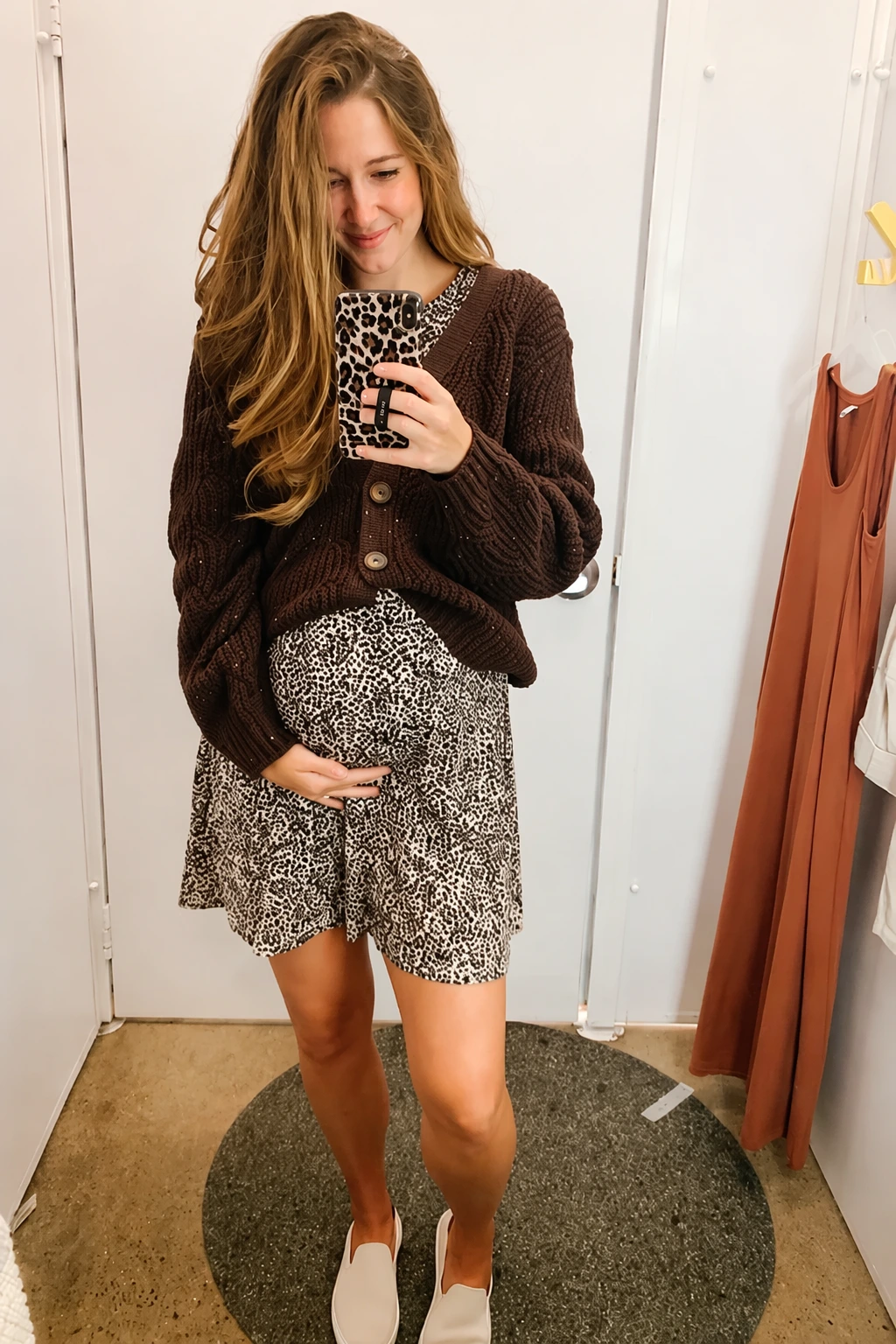 Brown Knit Cardigan + Leopard Print Dress + White Loafers