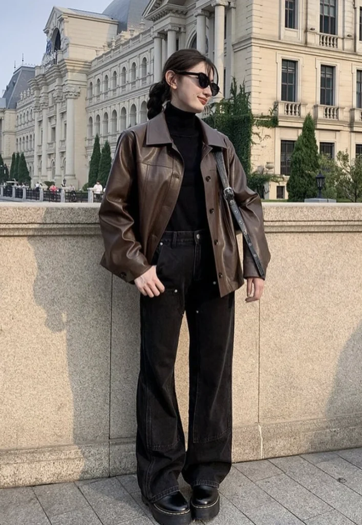 Brown Leather Jacket + Black Turtleneck Sweater + Black Wide-Leg Jeans + Black Platform Loafers