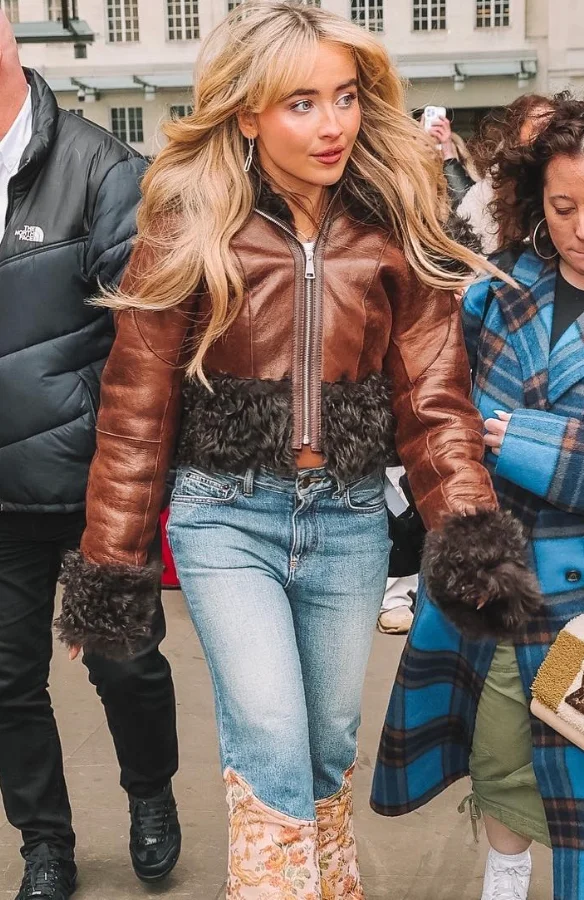 Brown Leather Jacket Fur Cuffs and Floral Embroidered Blue Jeans