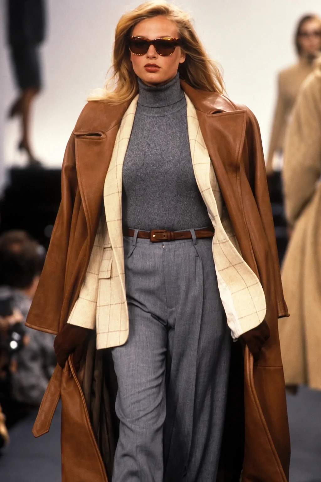 Brown Leather Trench + Grey Turtleneck + Wide-Leg Trousers