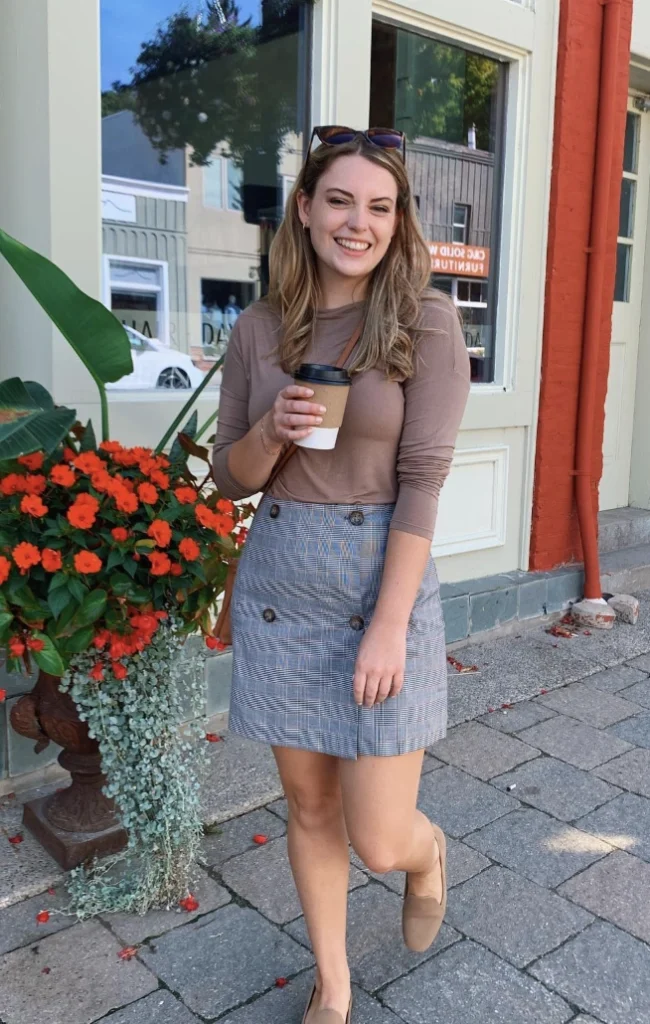Brown Long Sleeve Top + Gray Plaid Mini Skirt + Beige Loafers