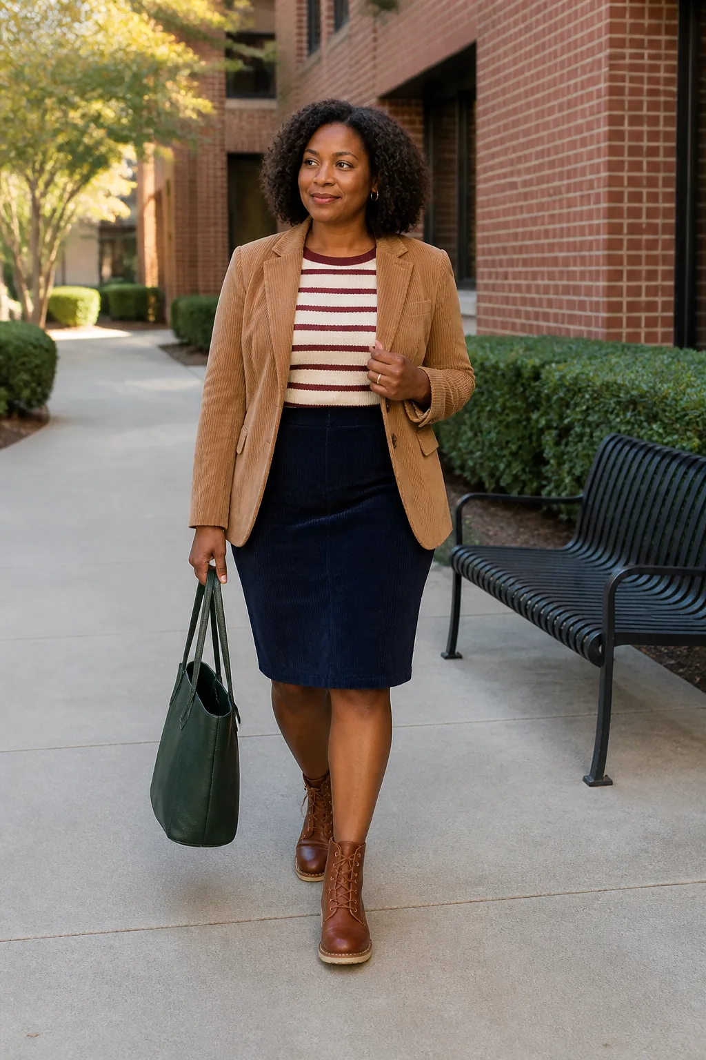 Brown Moc-Toe Boots with a Corduroy Blazer and Skirt