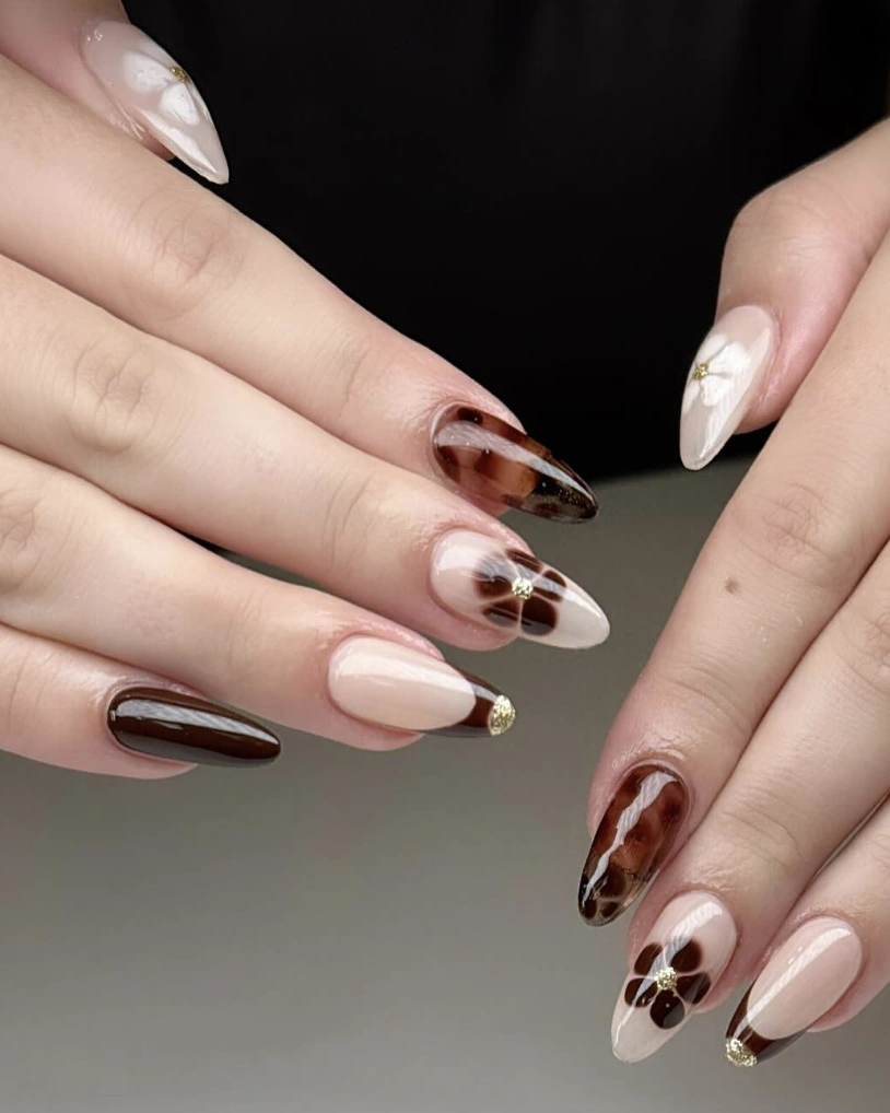 Brown Ombre Nails with Glossy Finish and Gold Stud Accents