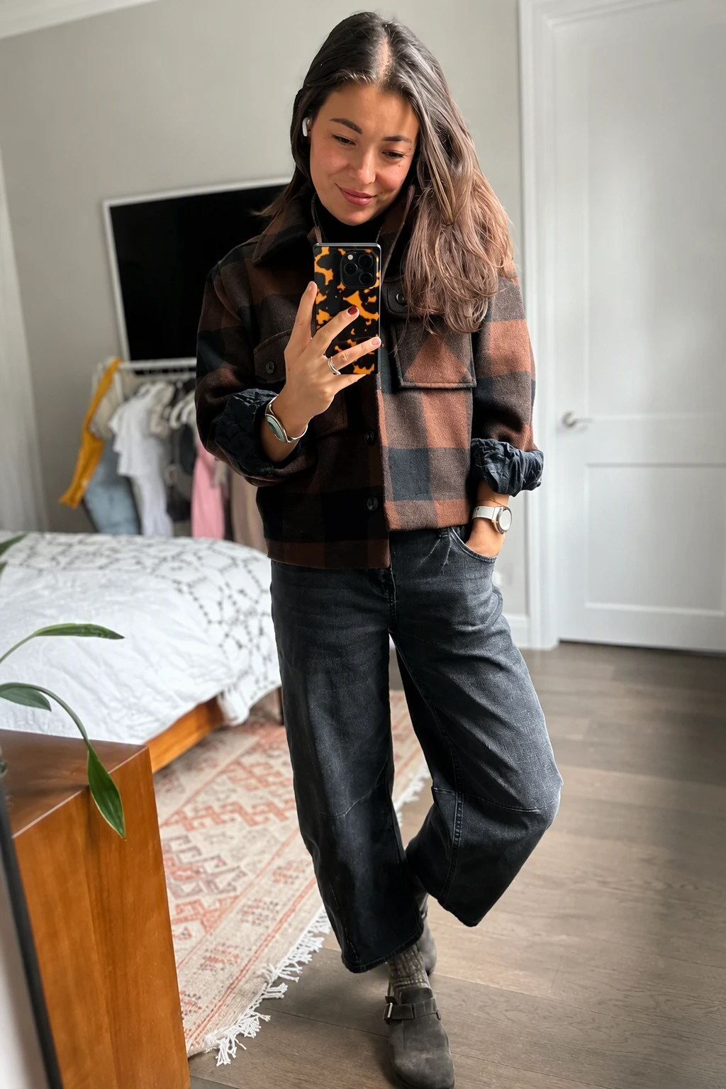 Brown Plaid Jacket + Black Wide-Leg Jeans + Gray Ankle Boots