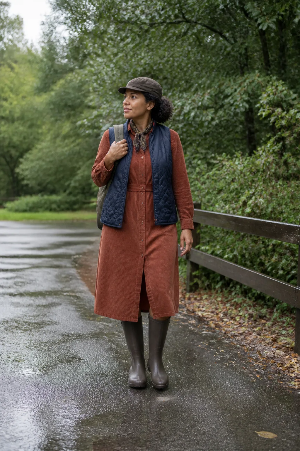 Brown Rain Boots with a Corduroy Shirt Dress