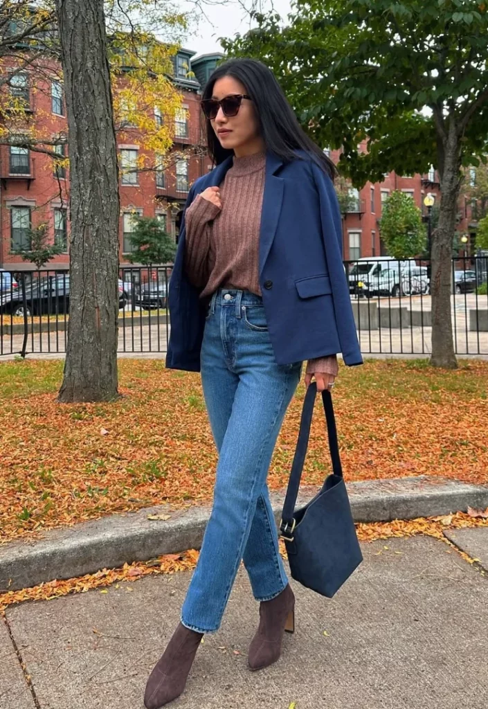 Brown Ribbed Turtleneck Sweater + Blue High-Waisted Straight-Leg Jeans + Navy Blazer + Brown Suede Ankle Boots