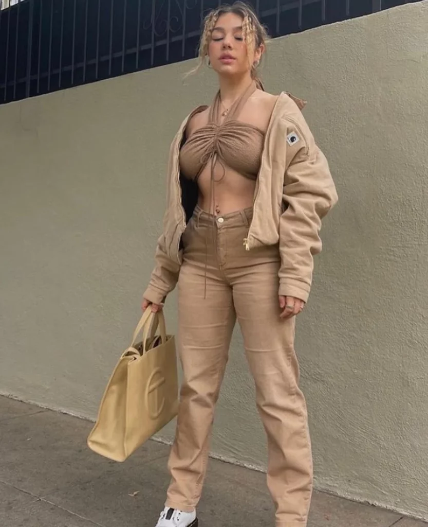 Brown Ruched Halter Top + Beige Cargo Jacket + Beige High-Waisted Straight-Leg Pants + White Black Sneakers