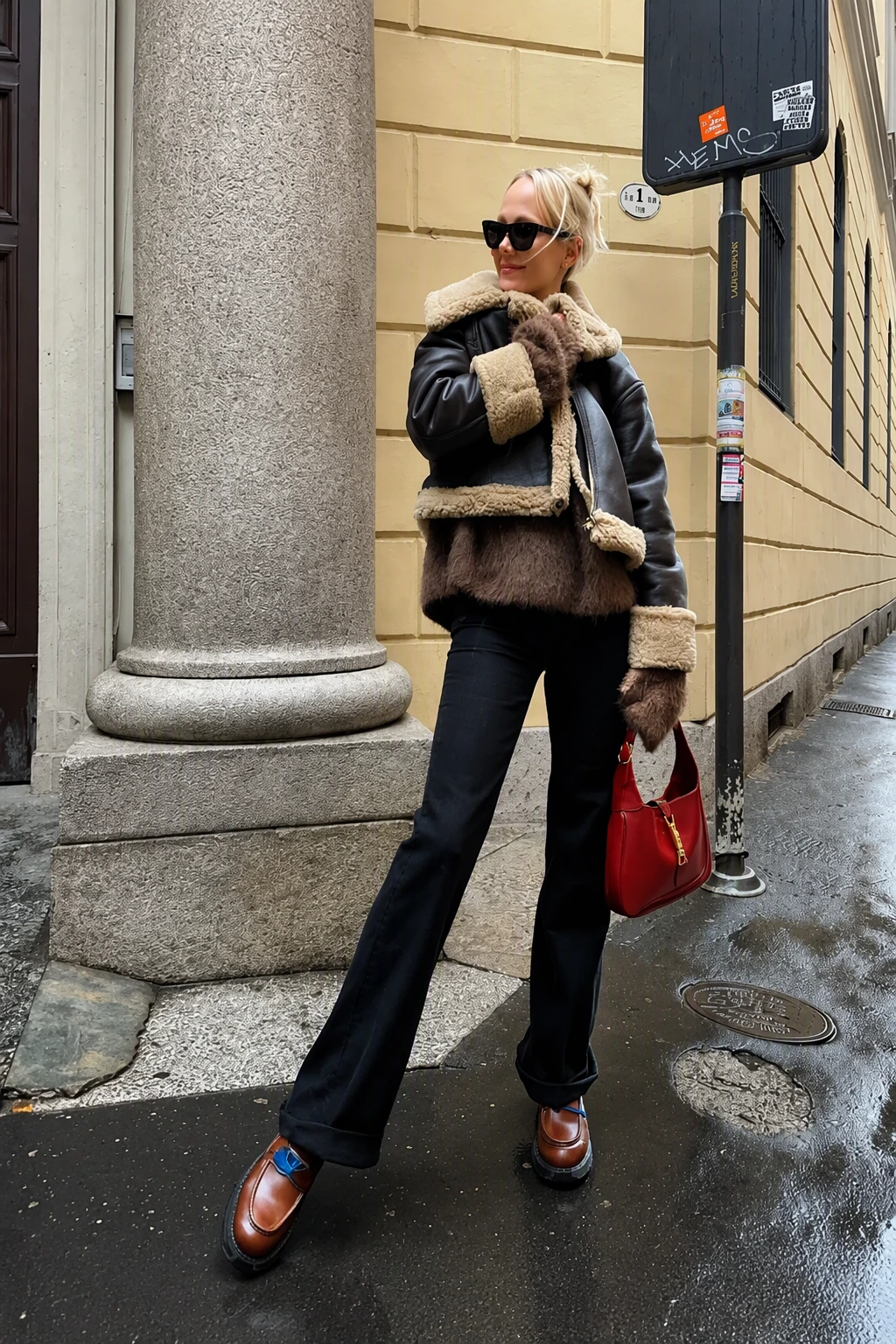 Brown Shearling Jacket + Dark Flare Jeans + Brown Loafers