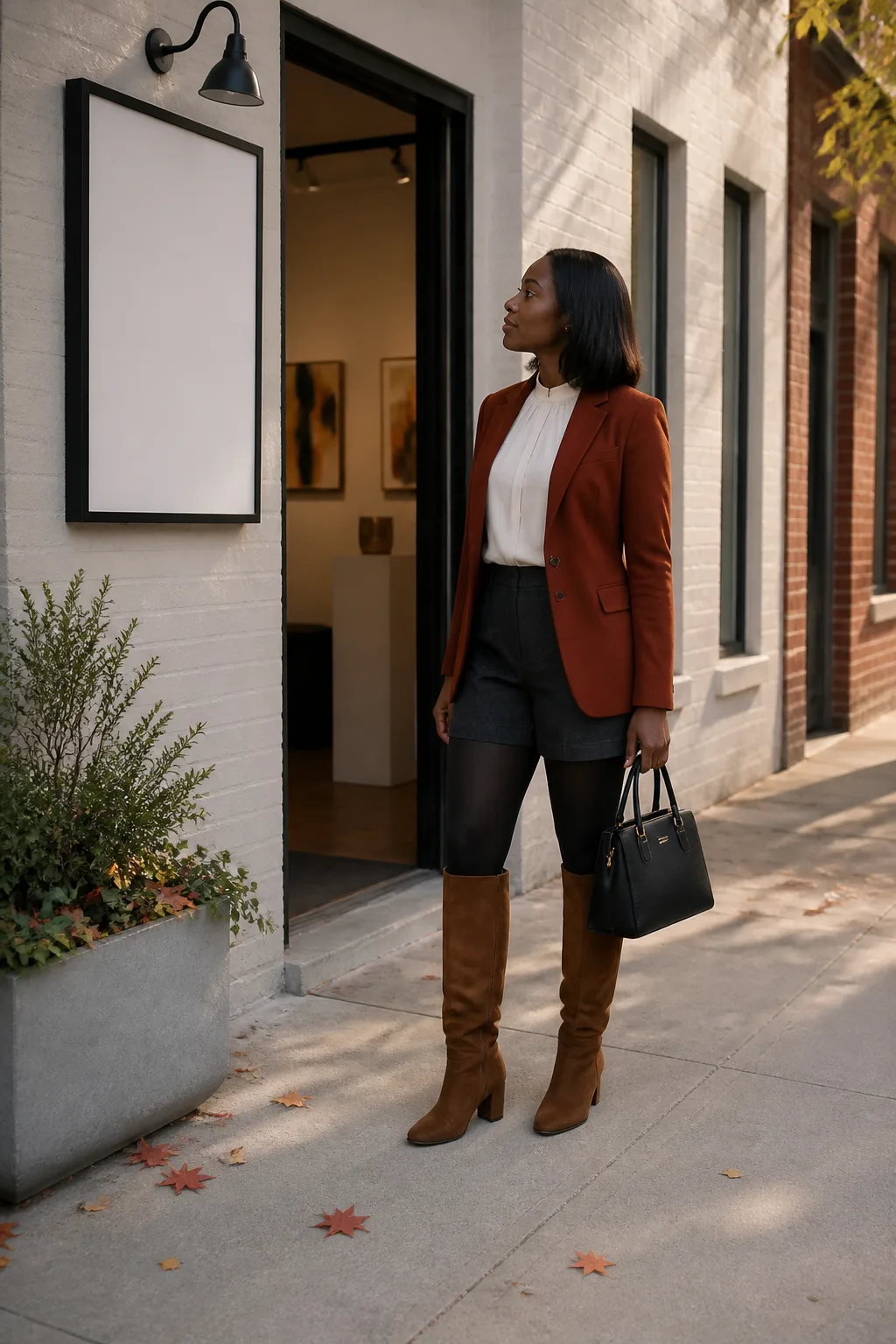 Brown Suede Knee Boots with a Tailored Shorts Suit