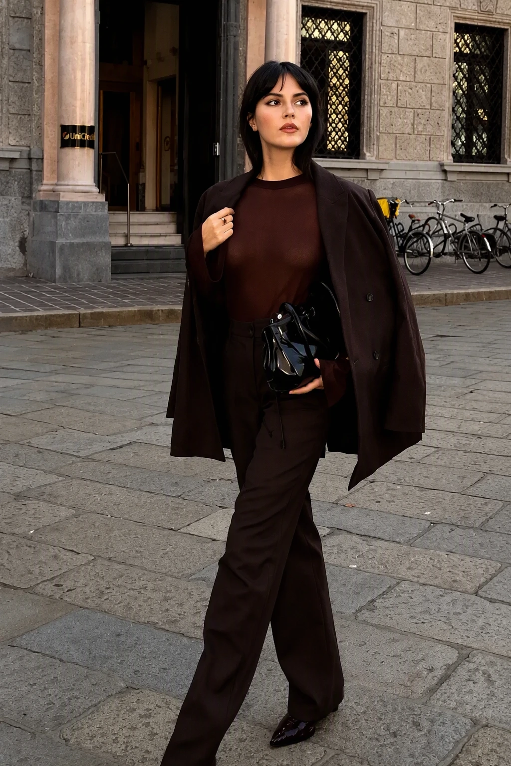 Brown Suit + Brown Sweater + Brown Tailored Pants