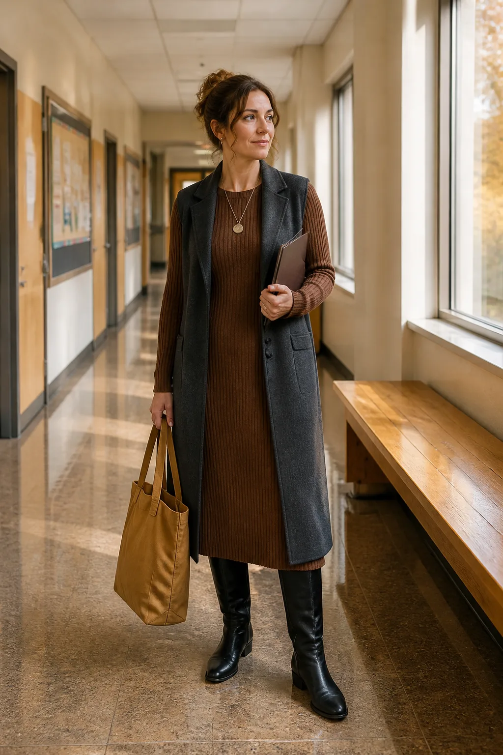 Brown Sweater Dress, Long Vest, and Riding Boots