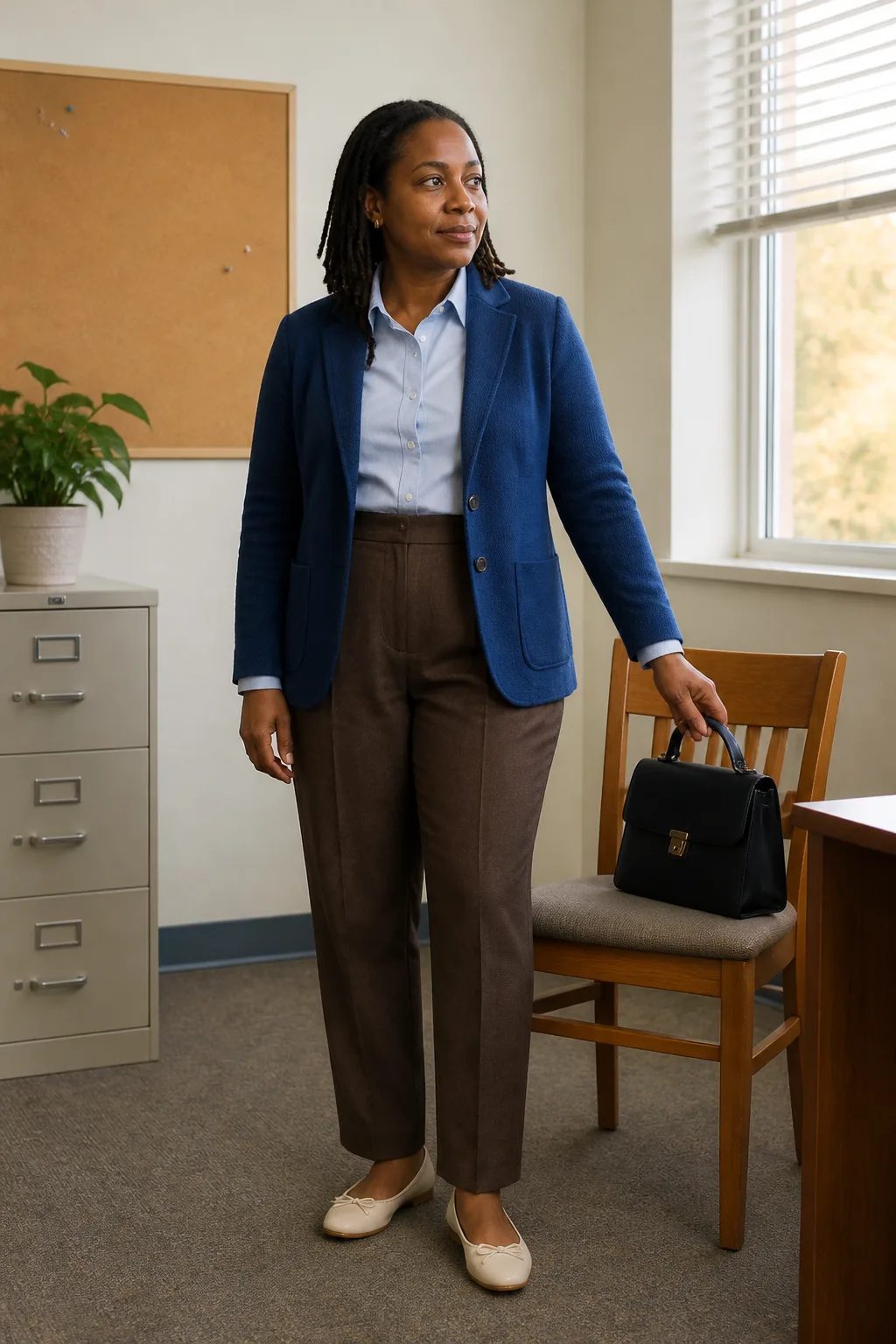 Brown Trousers, Blue Blazer, and Ballet Flats