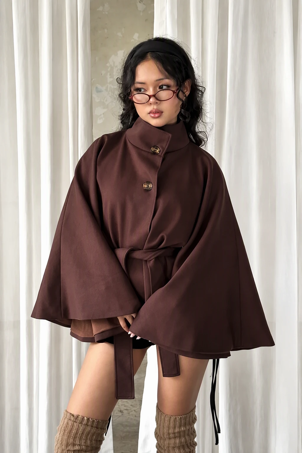 Brown Turtleneck Jacket + Knit Thigh-High Socks + Oval Glasses