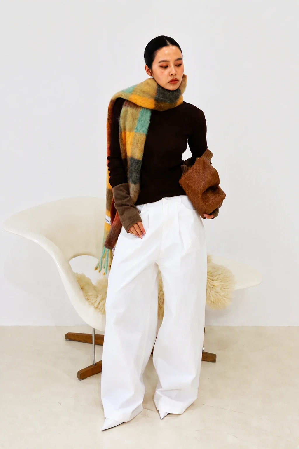 Brown Turtleneck + White Wide Leg Pants + Plaid Scarf