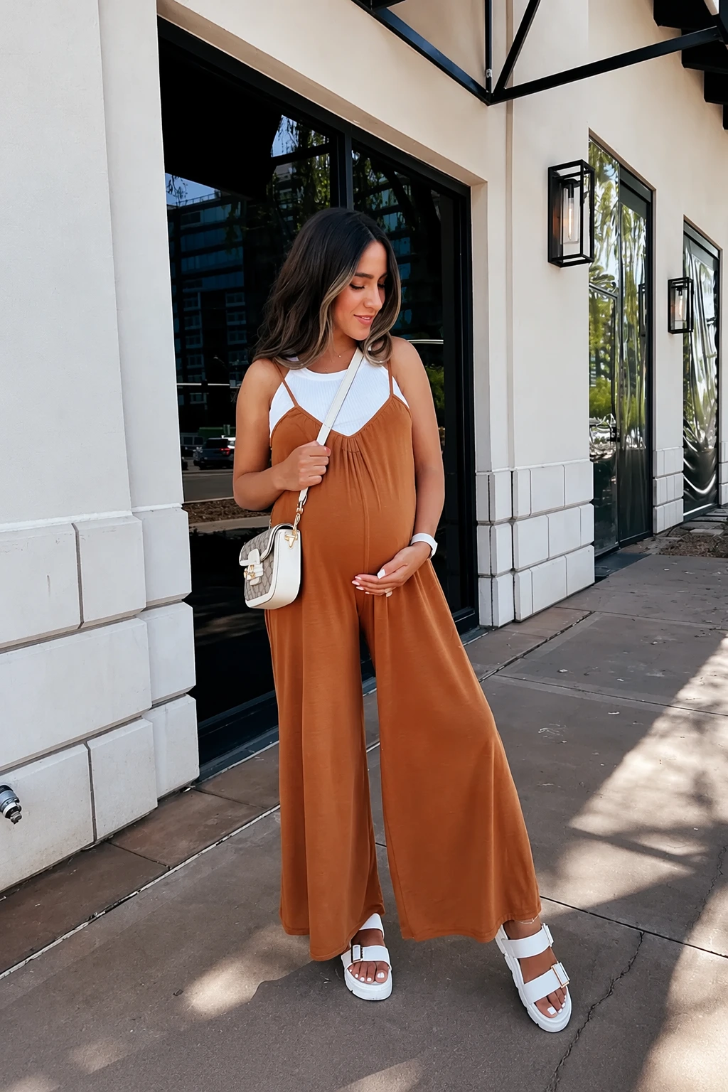 Brown Wide-Leg Jumpsuit + White Tank Top + White Platform Sandals
