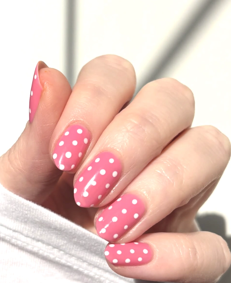 Bubblegum Pink Nails with Crisp White Polka Dots