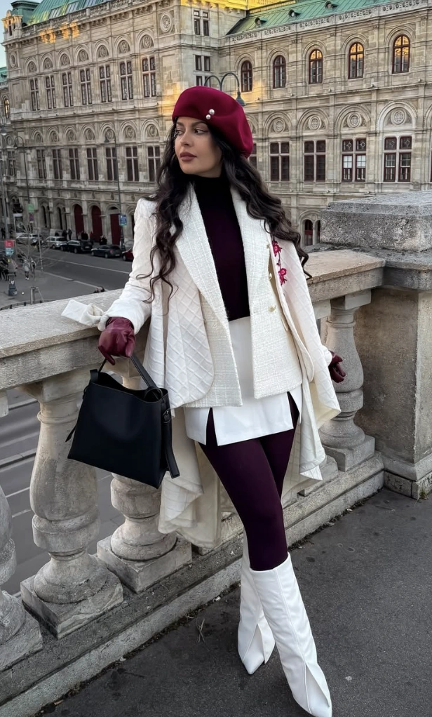 Burgundy Beret + Cape Jacket Outfit + White Skirt + Thigh High Boots