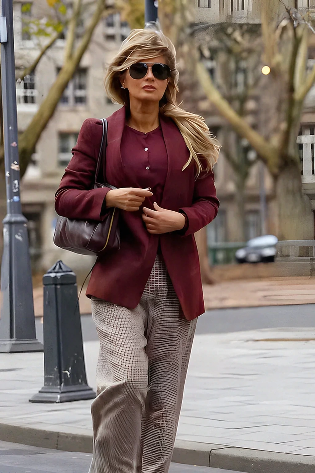 Burgundy Blazer + Printed Trousers + Shoulder Bag
