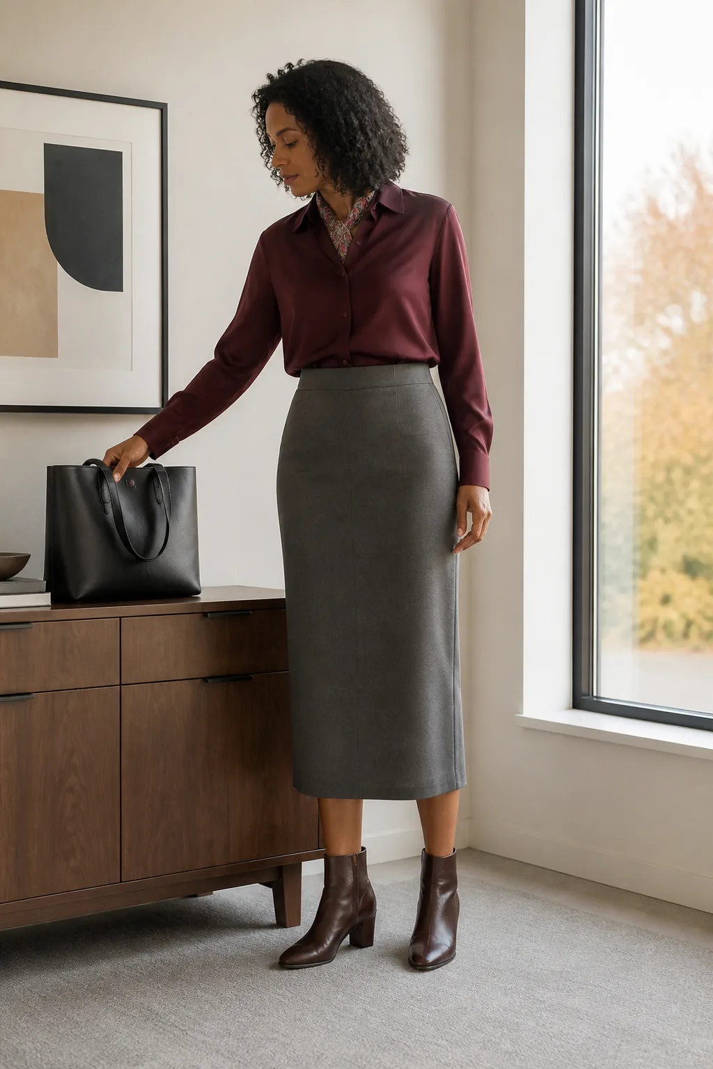 Burgundy Blouse, Gray Suit Skirt, and Brown Boots