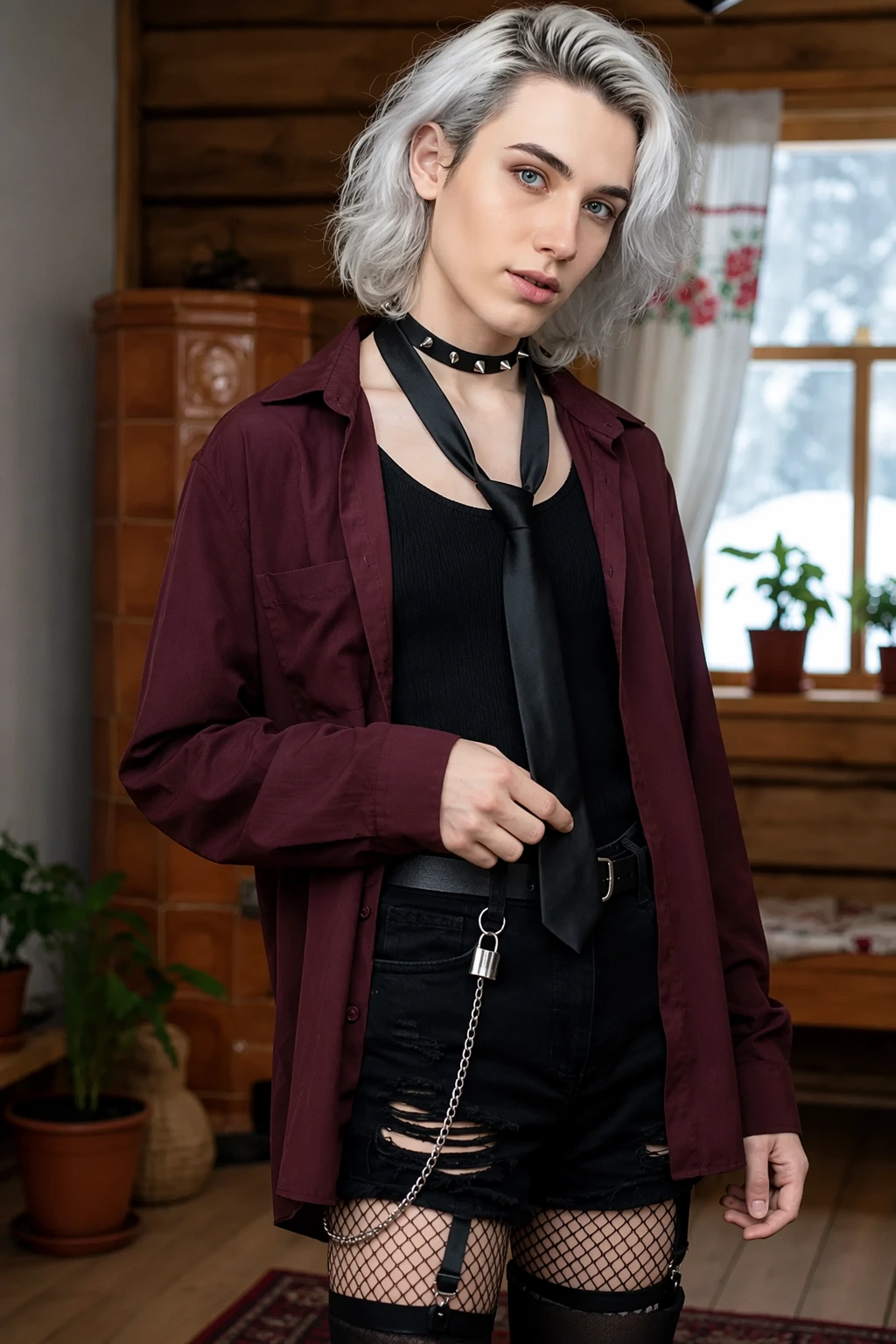 Burgundy Button-Down + Black Tank + Tie + Distressed Shorts + Spiked Choker