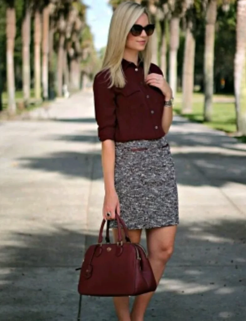 Burgundy Button-Up Blouse + Grey Tweed Mini Skirt