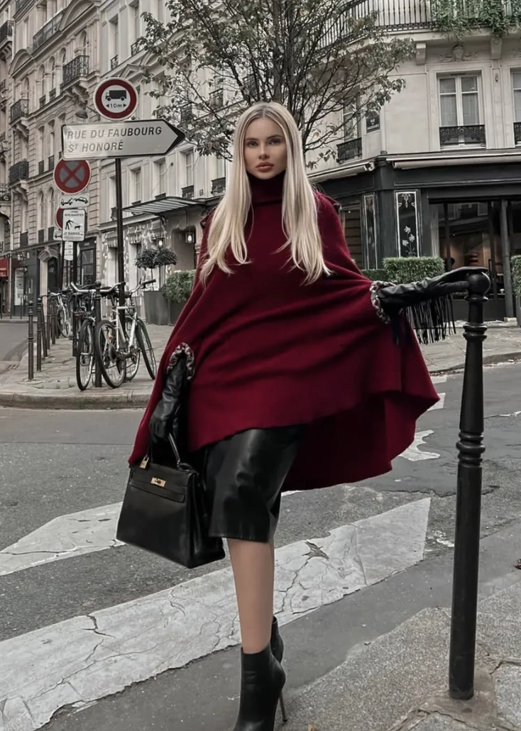 Burgundy Cape + Leather Pencil Skirt + Black Leather Gloves + Ankle Boots