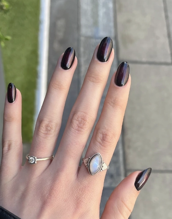 Burgundy Cat-Eye Almond Nails