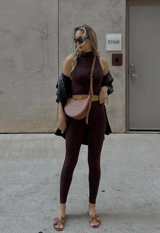 Burgundy Crop Top + Matching Leggings + Black Oversized Jacket + Tan Slide Sandals