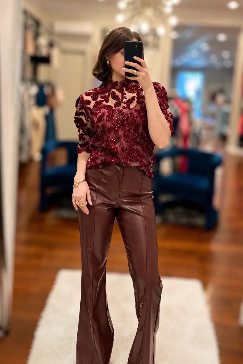 Burgundy Embellished Sheer Top + Brown Leather Pants